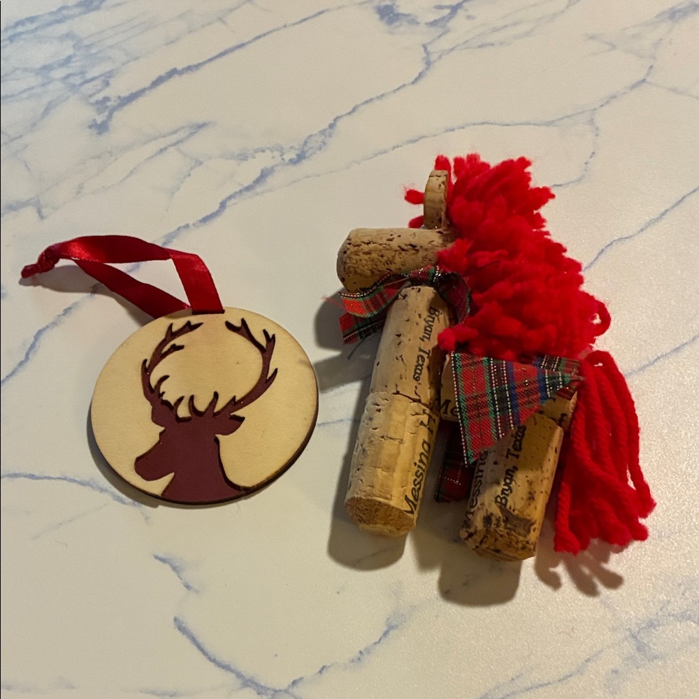 Festive Cork Reindeer Ornament with Red Ribbon